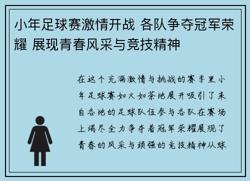 小年足球赛激情开战 各队争夺冠军荣耀 展现青春风采与竞技精神