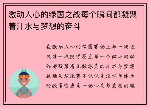 激动人心的绿茵之战每个瞬间都凝聚着汗水与梦想的奋斗