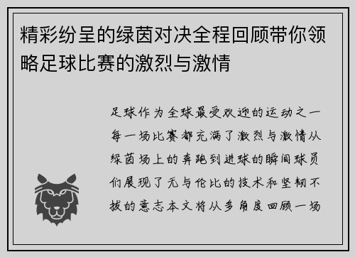 精彩纷呈的绿茵对决全程回顾带你领略足球比赛的激烈与激情