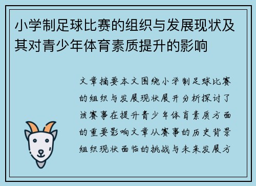 小学制足球比赛的组织与发展现状及其对青少年体育素质提升的影响