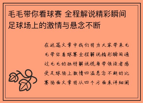 毛毛带你看球赛 全程解说精彩瞬间 足球场上的激情与悬念不断
