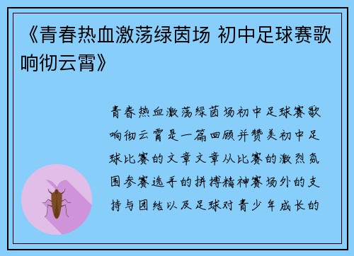 《青春热血激荡绿茵场 初中足球赛歌响彻云霄》