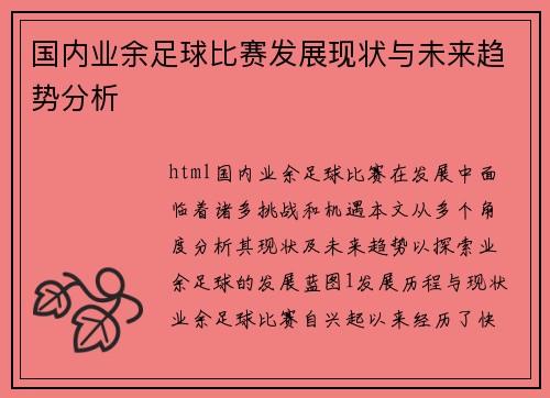 国内业余足球比赛发展现状与未来趋势分析