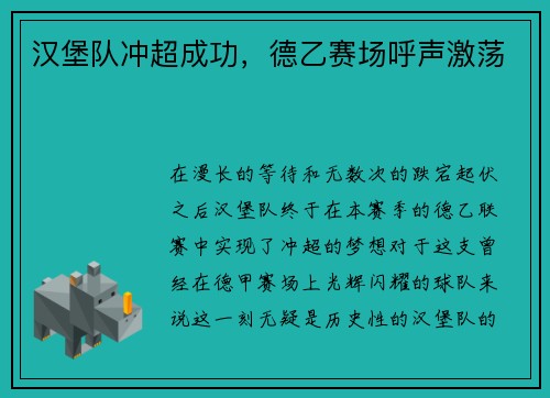 汉堡队冲超成功，德乙赛场呼声激荡