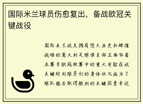 国际米兰球员伤愈复出，备战欧冠关键战役