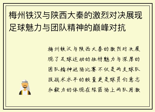 梅州铁汉与陕西大秦的激烈对决展现足球魅力与团队精神的巅峰对抗