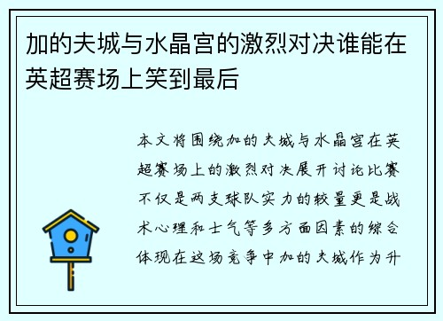 加的夫城与水晶宫的激烈对决谁能在英超赛场上笑到最后