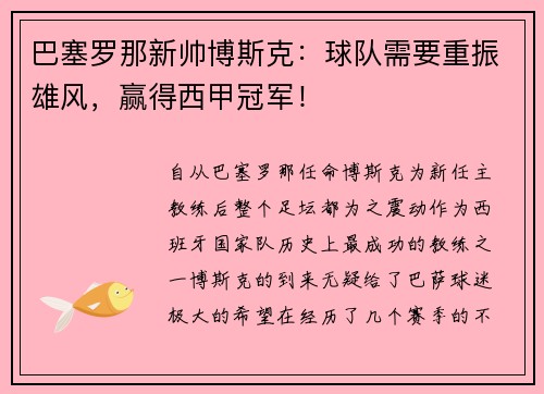 巴塞罗那新帅博斯克：球队需要重振雄风，赢得西甲冠军！