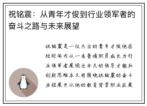 祝铭震：从青年才俊到行业领军者的奋斗之路与未来展望