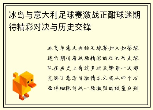 冰岛与意大利足球赛激战正酣球迷期待精彩对决与历史交锋