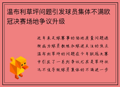 温布利草坪问题引发球员集体不满欧冠决赛场地争议升级