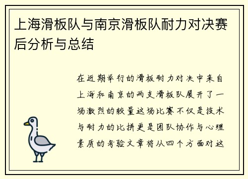 上海滑板队与南京滑板队耐力对决赛后分析与总结
