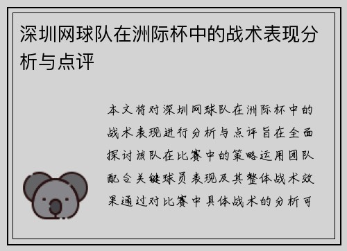 深圳网球队在洲际杯中的战术表现分析与点评