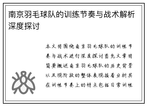 南京羽毛球队的训练节奏与战术解析深度探讨