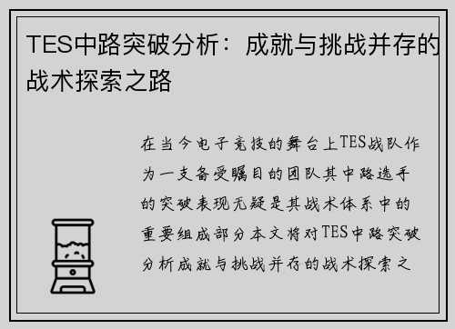 TES中路突破分析：成就与挑战并存的战术探索之路