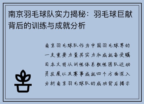 南京羽毛球队实力揭秘：羽毛球巨献背后的训练与成就分析