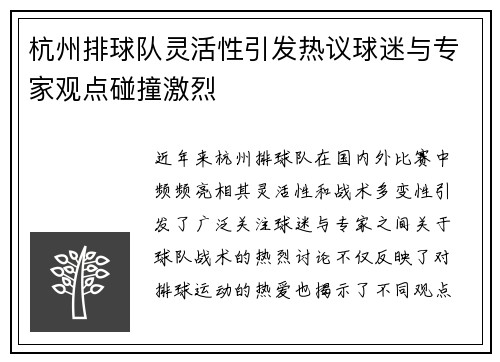 杭州排球队灵活性引发热议球迷与专家观点碰撞激烈