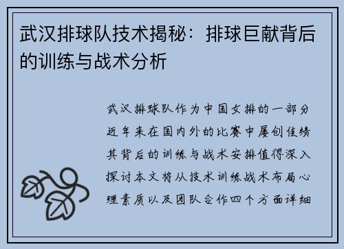 武汉排球队技术揭秘：排球巨献背后的训练与战术分析